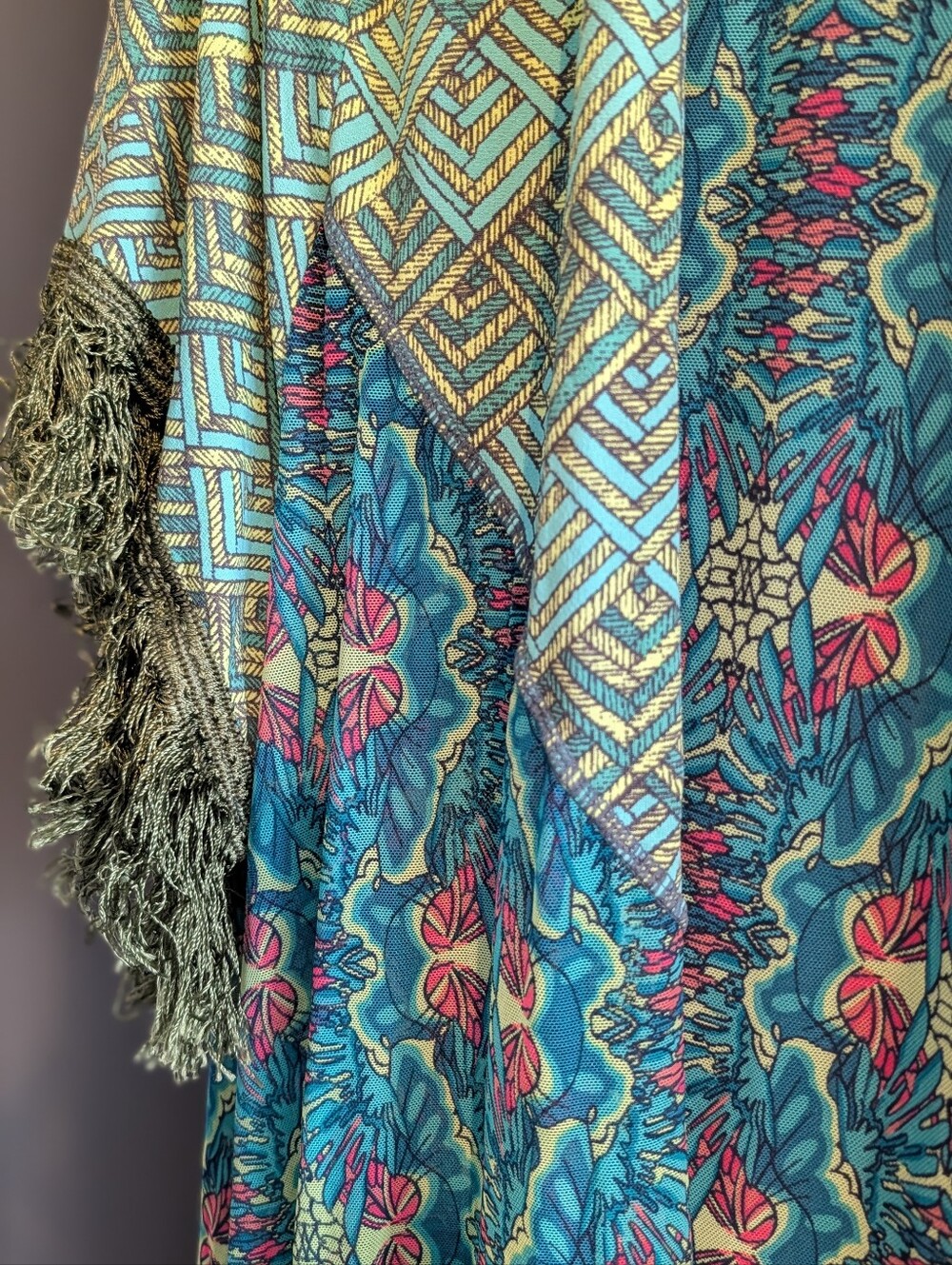 Maaji Swim Coverup Teal and Olive Boho Fringe Kimono - Picture 6 of 6
